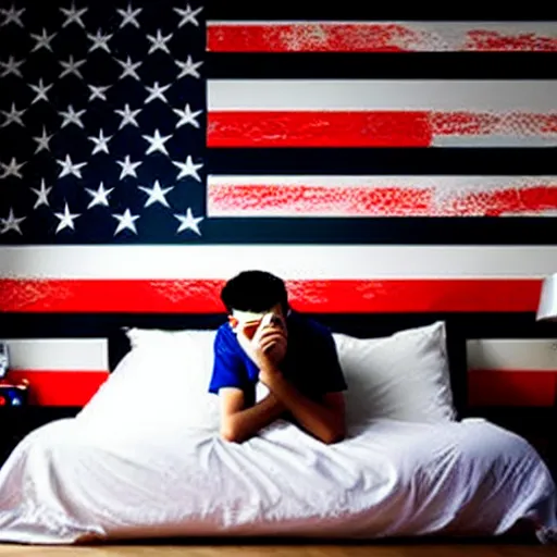 Image similar to American teenager with black hair playing ROBLOX on his computer in his bedroom, USA flag on the wall, France flag on the wall, highly detailed, full room, sad atmosphere, dark room, in the photo realistic