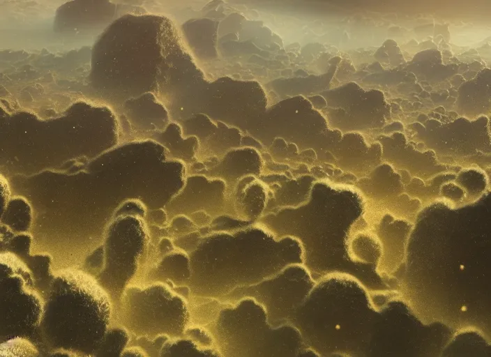 Prompt: a photo of small blobs of interdimensional fractal creatures falling from the sky like comets in the distance, on a bright day, a vast landscape with lush hills, dust particles, natural lighting, natural color palette, awe inspiring, wide angle, cinematographic, subtle lens flare