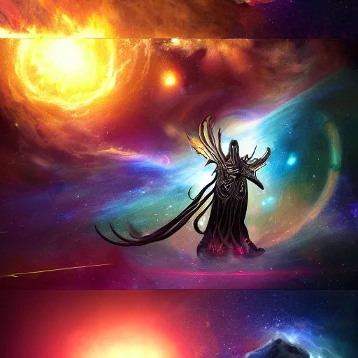 Image similar to photorealistic fantasy cosmic concept art of a cosmic god with armor made out of planets and dark matter, hovering in a unknown galaxy, fully body portrait, cinematic, dynamic lighting, ultra detailed, creative, trending on art station, stunning visuals, creative