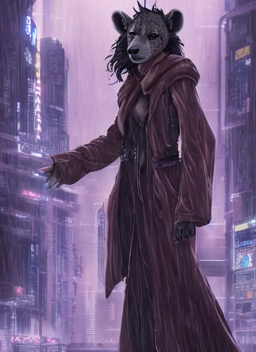 Image similar to character portrait of a female anthro hyena fursona with a cute beautiful attractive face and long black curly hair wearing jedi robes in a cyberpunk city at night while it rains. hidari, color page, tankoban, 4K, tone mapping, Akihiko Yoshida.