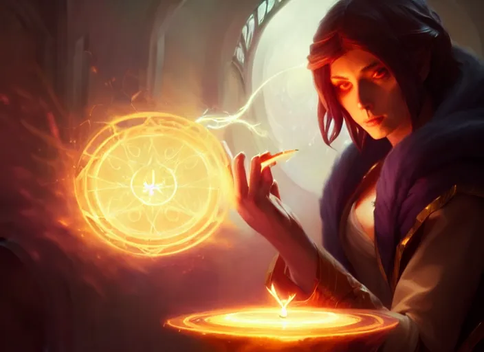 Prompt: amazing portrait of a light summoner practising a spell, deiv calviz, splash art, natural light, elegant, intricate, fantasy, atmospheric lighting, by greg rutkowski, league of legends splash art, hd wallpaper, ultra high details