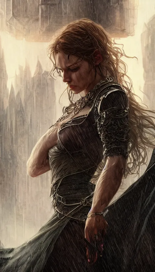 Image similar to furious gorgeous woman, lord of the rings, cyberpunk, rain, tears, insane, intricate, highly detailed, digital painting, artstation, concept art, smooth, sharp focus, illustration, Unreal Engine 5, 8K, art by artgerm and greg rutkowski and alphonse mucha