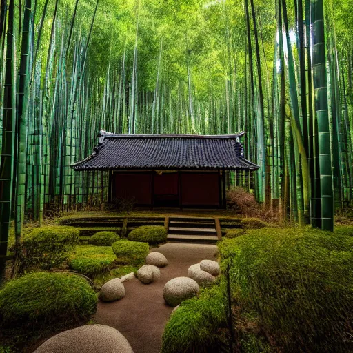 Prompt: photo of a small Japanese temple hidden in a bamboo forest, cinematic, light rays, beautiful, 8k,