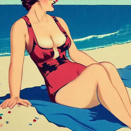 Image similar to Hilda at the beach, pin up illustration by Duane Bryers,