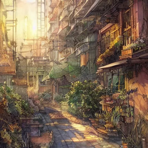 Image similar to Beautiful happy picturesque charming sci-fi city in harmony with nature. Beautiful light. Nice colour scheme, soft warm colour. Beautiful detailed watercolor by Lurid. (2022)