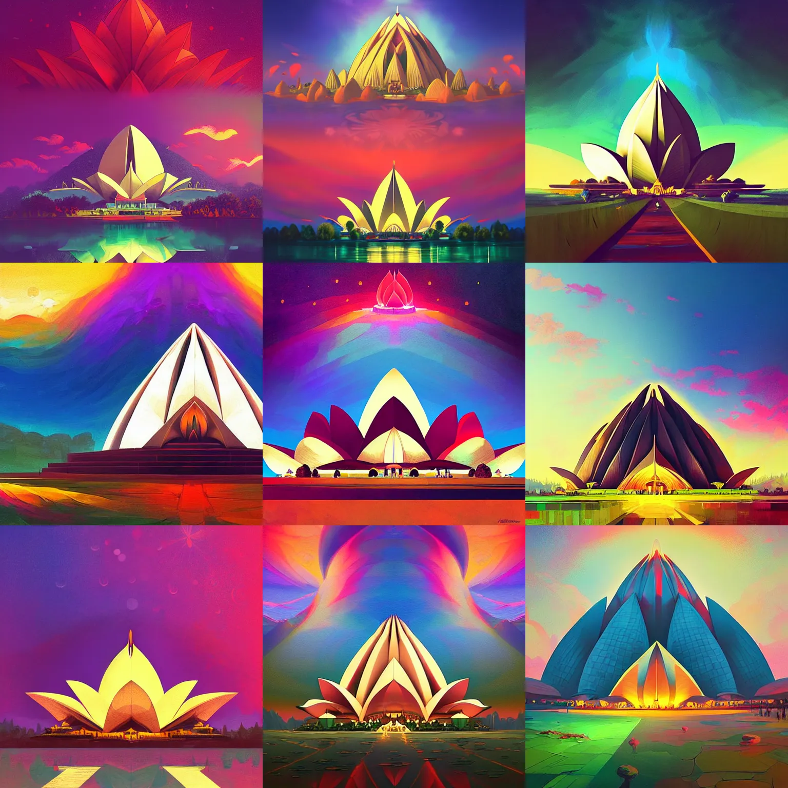 Prompt: beautiful divine lotus temple by alena aenami, petros afshar, anato finnstark, peter max, mucha