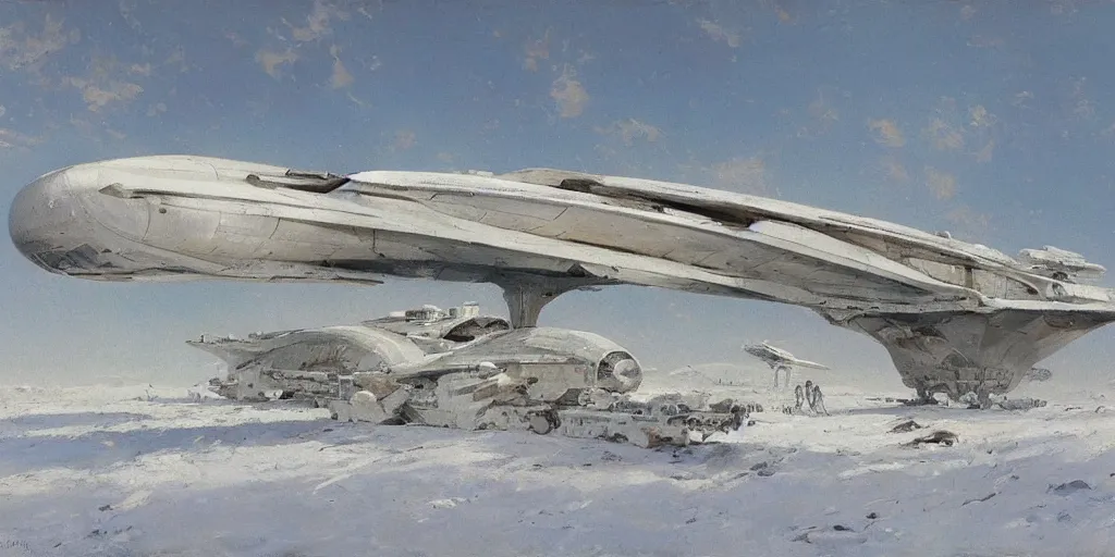 Image similar to white giant spaceship starship airship in center on tansy field at foot on snowy mountain by Fernand Khnopff by john berkey, oil painting, concept art