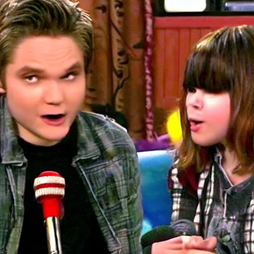 Image similar to a screenshot of Gerard Way talking with Carly in ICarly (2007) , low quality, vhs quality,