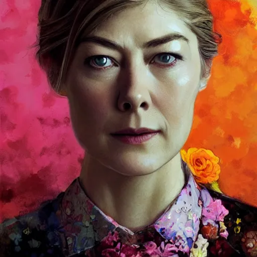 Prompt: rosamund pike as the doctor, dark - hair, wearing a colourful floral pattern suit, colourful, sharp focus, detailed face, artstation, art by jakub rozalski,
