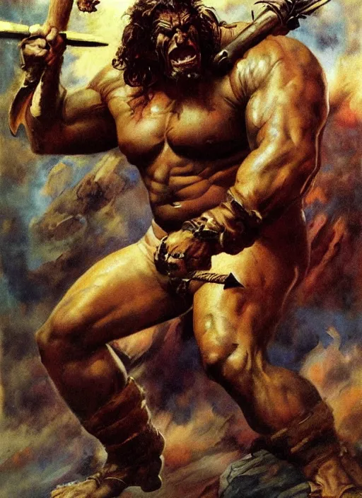 Prompt: portrait of barbarian fighting giant, coherent! by mariusz lewandowski, by frank frazetta, deep color, strong line, high contrast