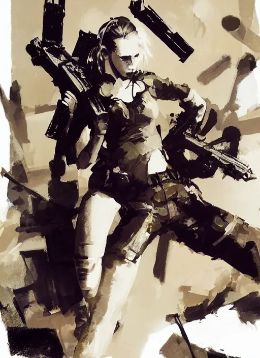 Prompt: emma watson wearing metal gear armor holding ak - 4 7 dramatic lighting art by yves tanguy by brandon anschultz by yoji shinkawa by richard schmid by greg rutkowski by sandra chevrier by jeremy lipking cinematic dramatic