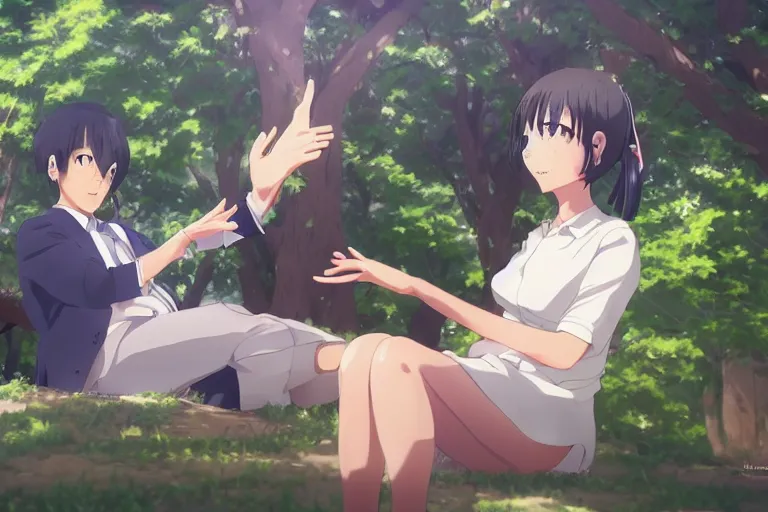 Image similar to photorealistic Joe Biden meets a beautiful smiling anime girl with black hair and hime cut sitting under a tree, anime key visual, digital art, anime screenshot, kyoto animation, makoto shinkai, trending on artstation