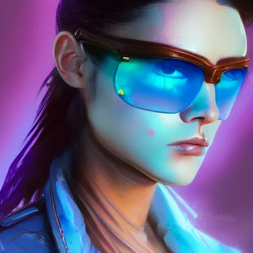 Image similar to very detailed masterpiece closeup painting of a very beautiful young mexican cyberpunk woman with light blue shutter shades, one side haircut, brown hair with light blue ends, purple leather jacket, beauty mark on cheek, portrait, synthwave background, artstation, concept art by greg rutkowski