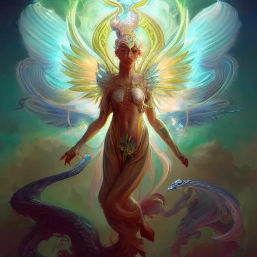 Image similar to detailed key art, concept illustration, hyper detailed painting, hyperrealist painting of an psychedelic angelic celestial being mythical creature by peter mohrbacher, by sam spratt trending on artstation, sacred geometry, esoteric art