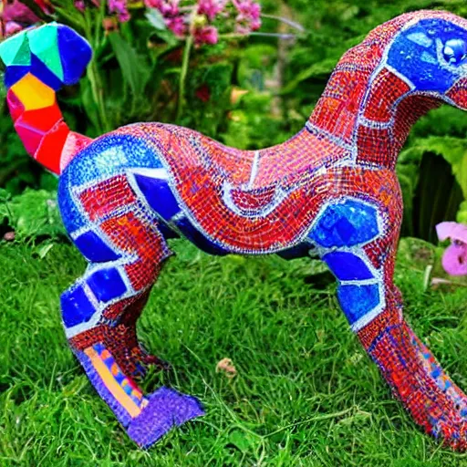 Image similar to mosaic sculpture of a alebrije chimera!!!, irregularly shaped mosaic tiles, recycled pottery shards, in the style of folk art, in a cottagecore flower garden