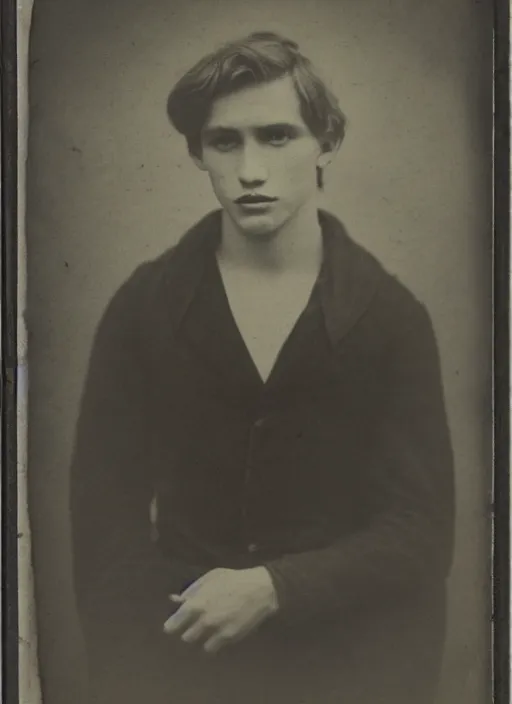 Image similar to tintype photo of alyosha karamazov, handsome innocent young russian man, by julia margaret cameron 1 8 8 0 s, realistic, body shot, sharp focus, 8 k high definition, insanely detailed, intricate, elegant