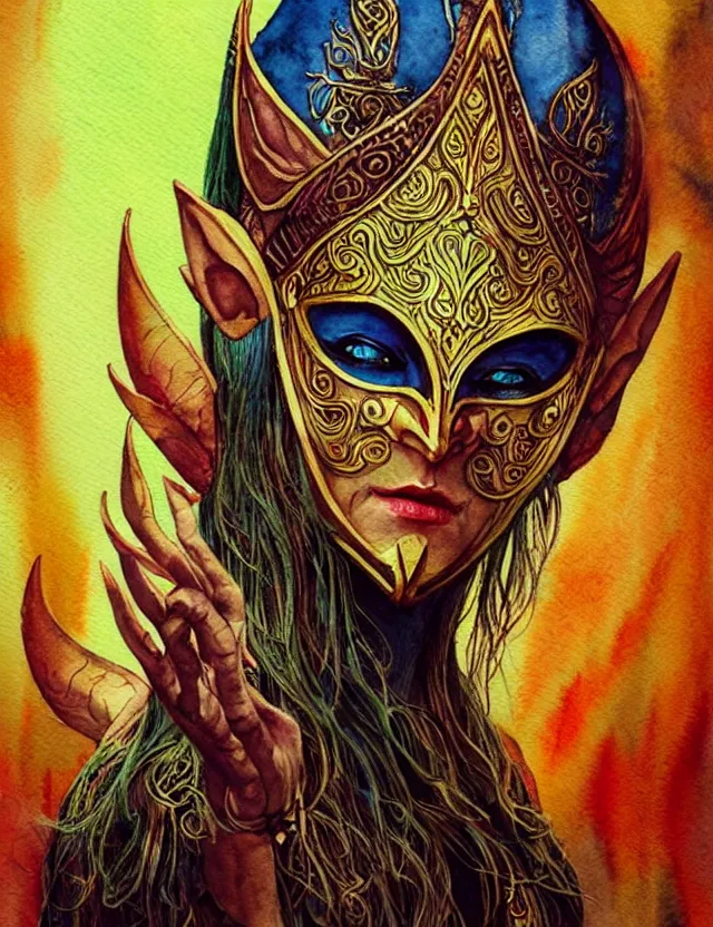 Image similar to elven masked deity. this watercolor painting by an indie artist has an interesting color scheme, plenty of details and impeccable lighting.