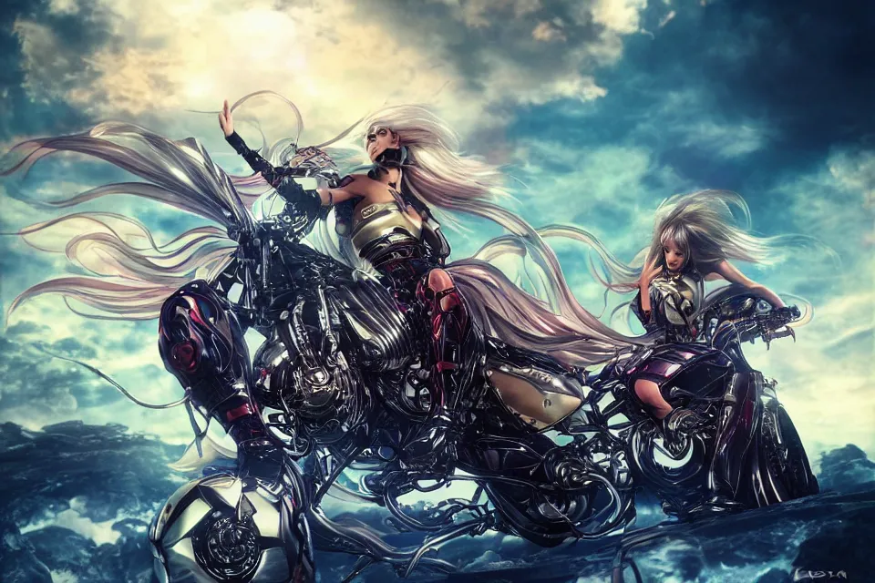 Image similar to terada katsuya demonic warrior princess riding a Futuristic Ducati designed by Pinifarina in hell, beautiful aesthetic, photorealistic, volumetric lighting, hyperrealistic, octane render, HDR, Production IG Studios Anime Style