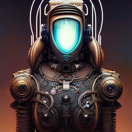 Image similar to front shot of a cyberpunk gazmask robot character, intricate, elegant, highly detailed, centered, digital painting, artstation, concept art, smooth, sharp focus, illustration, artgerm, Tomasz Alen Kopera, Peter Mohrbacher, donato giancola, Joseph Christian Leyendecker, WLOP, Boris Vallejo