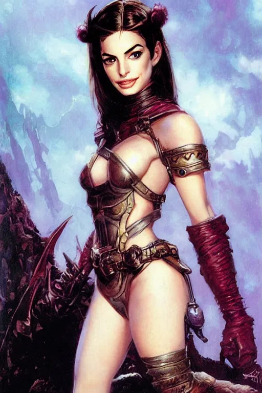 Image similar to a portrait of a cute fantasy girl, anne hathaway, by frank frazetta, larry elmore, jeff easley and ross tran