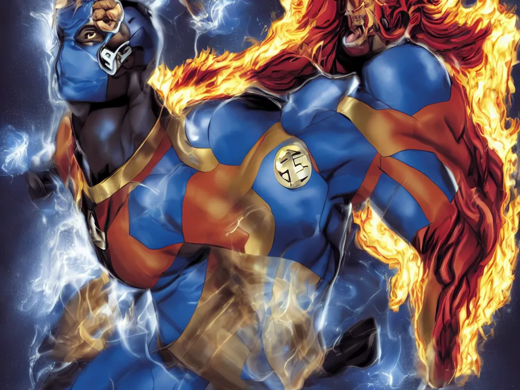 Image similar to a movie scene of a handsome African American Johnny Storm young male superhero of the fantastic four with flaming brown dreadlocks hair, blue uniform with the number 4 on the chest in a round logo, full body, photorealistic, cinematic, high detail, no imperfections, extremely symmetric facial features, hyper realistic, dramatic lighting, unreal engine, octane render, 8k by Kevin Feige