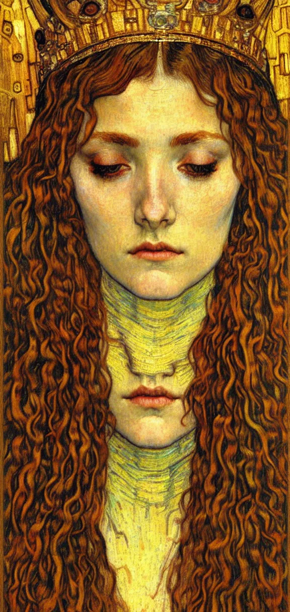 Image similar to detailed realistic beautiful young medieval queen face portrait by jean delville, gustav klimt and vincent van gogh, art nouveau, symbolist, visionary, gothic, pre - raphaelite, muted earthy colors, desaturated