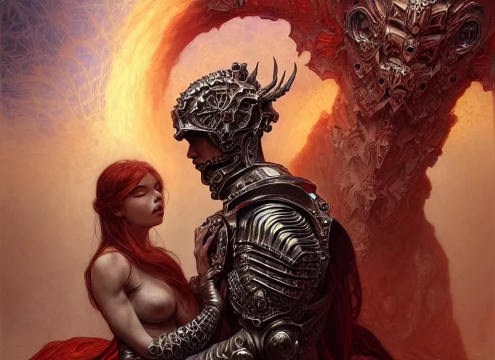 Prompt: demonic man and angelic woman in armour, made of fractal whirls, passionate pose, intricate, elegant, glow, sharp focus, soft bokeh, highly detailed linework, matte, trending on artstation, bright colors, 3 d 8 k, by artgerm and greg rutkowski, mucha, giger, beksinski