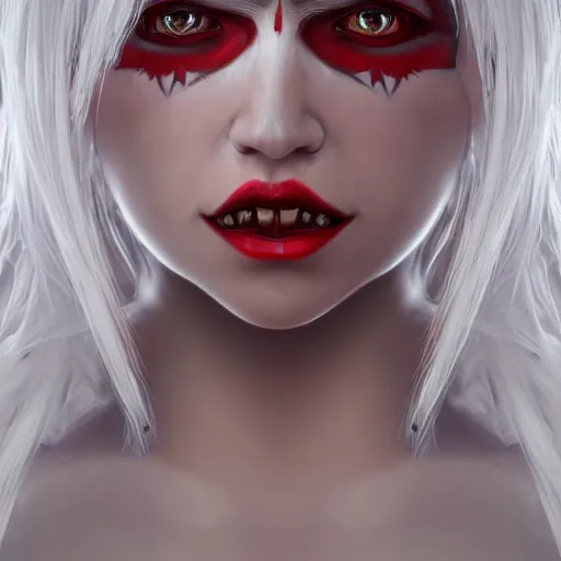 Image similar to a highly detailed portrait of a humanoid demon girl with white hair, red horns, in white clothes, artstation, deviantart, professional, unreal engine 5, photorealistic