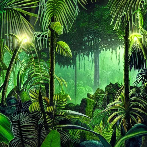 Image similar to « detailed, jungle with low luminosity, far view, luminescent plants »