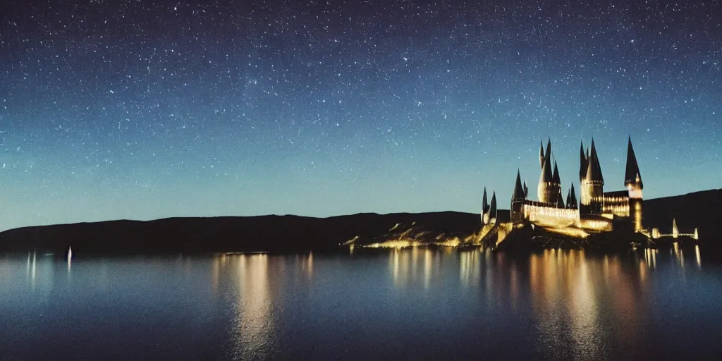 Prompt: Film still. Screenshot. Hogwarts night landscape. night lights. stars in the sky. cold blue hues. muted colors. high clouds. lake. magic. beautiful. perfect. 35mm lens. extremely detailed. 4K.