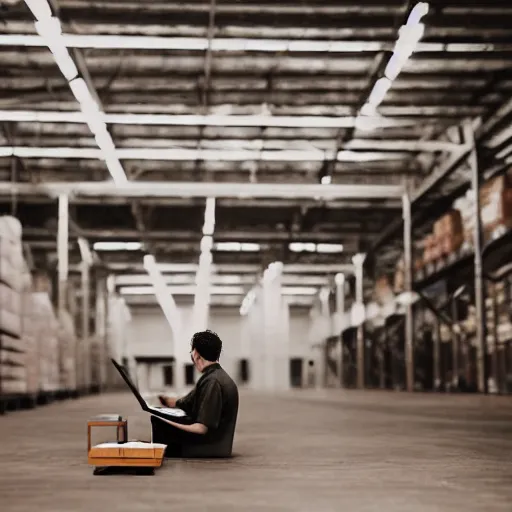 Prompt: a close up man using a laptop inside in warehouse, he sitting on chair and small table, polaroid photo, view from back