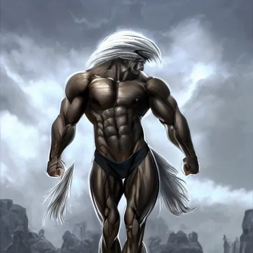 Image similar to a musclebound anthropomorphized horse with a magnificently muscular physique wearing a tight kevlar battle outfit while protecting a facility, long white hair, equine, anthro art, furaffinity, highly detailed, digital painting, artstation, sharp focus, concept art, illustration, art by artgerm, greg rutkowski, wlop