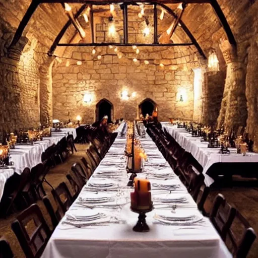 Image similar to feast for hundreds of people. candles, warm ambient light, hogwarts, beautiful, stone walls, hot food, delicious, steaming food on plates, gluttony