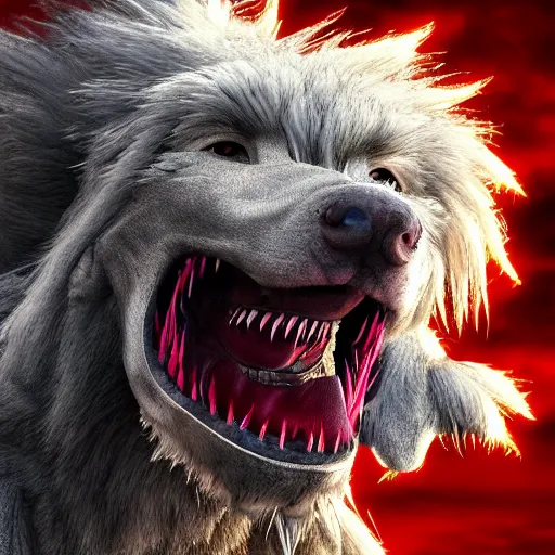 Image similar to A realistic detailed photo of a big dog-like monster, detailed body, red eyes, bent back, big sharp teeth, weakly hairy skin, light particles, detailed light, realistic shaders, trending on artisation, detailed textures, detailed, realistic