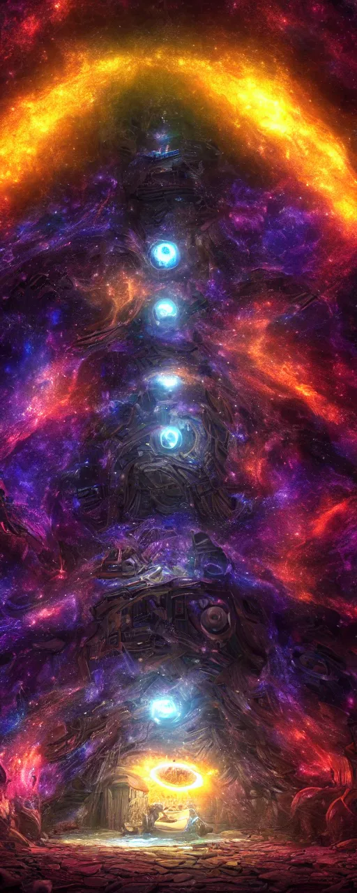 Prompt: tunnel portal made of stars space, gigantic biomechanical astral monk, cosmic eye, nebulas stars dmt psychedelic cosmos, cosmic, hallucination, night sky cluster milky way constellations, 8 k, artstation, unreal engine, octane render, hdr, surrealistic, glow, photorealistic, volumetric lighting, dreamy, dynamic, mystical