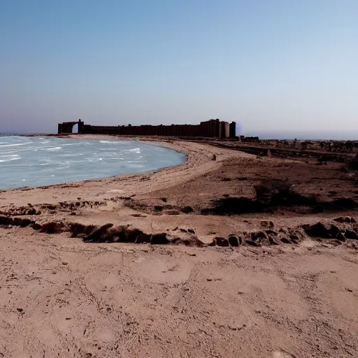 Image similar to a photo of a place where the desert meets the ocean, a ruined city in view, a survivor looks into the camera W 1024