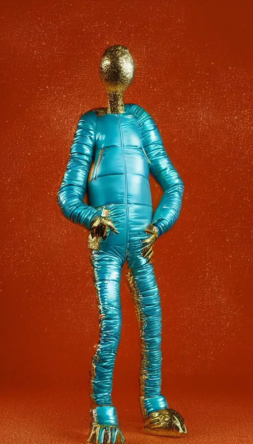 Image similar to a single striding slender figurine of a tall giant inflated space woman wearing over sized gold teal puffy bomber jacket, long bendy arms and legs, googly eyes, tareme eyes, small head, personification, dynamic pose, detailed product photo, tone mapped, beautiful composition, orange mist swirling at feet, 8 5 mm, f 5. 8