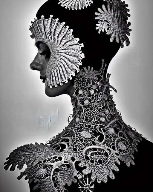 Image similar to surreal black and white photo portrait of complex bio-mechanical beautiful young female vegetal-cyborg with a Mandelbrot fractal metal fine lace face, silver hair, 150 mm lens, soft rim light, fine metal floral foliage super big lace collar by Alexander McQueen, high fashion, haute couture, rococo, steampunk, silver filigree details, anatomical, facial muscles, cable wires, microchip, elegant, hyper realistic, octane render, unreal engine, in the style Dora Maar, volumetric lighting, 8k,