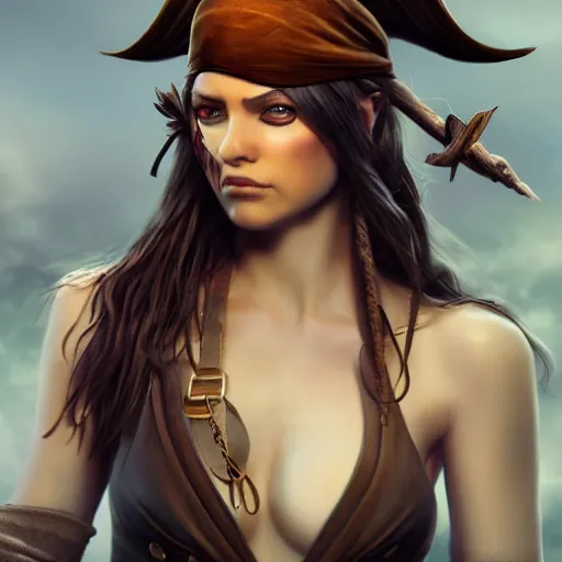 Prompt: full body concept art of a female pirate, airbrushed painting, identical eyes, gazing eyes, beautiful eyes medium shot, stunning, featured on artstation, cinematic lighting, hyperdetailed, cgsociety, 8k, golden ratio, dramatic, dark atmosphere, alluring