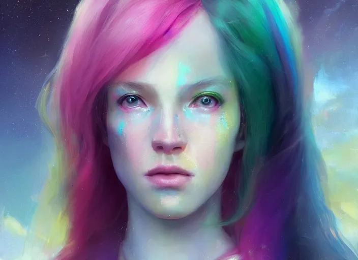 Prompt: a girl with rainbow hair standing in a sci - fi spaceship, official art, gorgeous detailed face, by jeremy lipking, by charlie bowater, realistic expressive oil painting, cgsociety, anime style, octane render