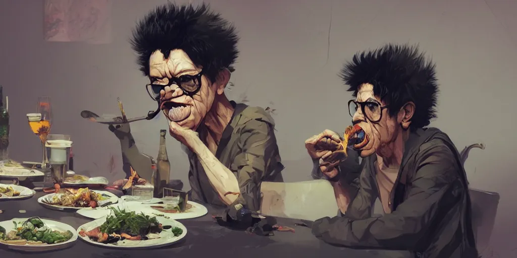 Image similar to cartoonish lou reed eating dinner, vivid colors, character sheet, fine details, concept design, contrast, kim jung gi, greg rutkowski, trending on artstation, 8 k, full body, turnaround, front view, back view, ultra wide angle