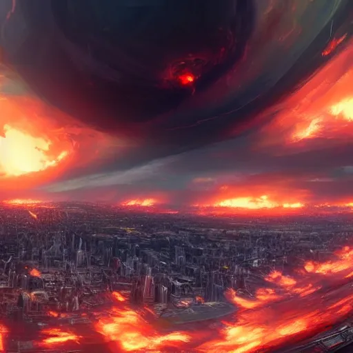 Image similar to a black glowing sphere in the center of the sky surrounded by swirling firestorm clouds, a detailed wide cityscape on fire, wide perspective, highly detailed digital art, cinematic, hyper realism, oil on canvas, trending on Artstation, octane render