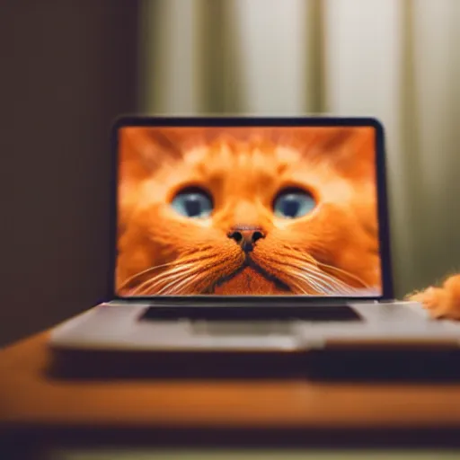 Prompt: a cat lying on top of a macbook. cat with orange fur. cute. background blur with the view to an off tv.