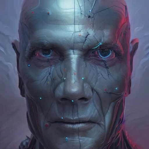 Prompt: portrait art of an ultradetailed evil cyborg made of neuronal networks, by greg rutkowski and Zdzisław Beksiński, digital painting, 8k, intricate, futuristic, dramatic light, trending on cg society