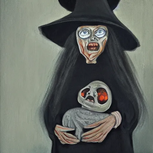 Image similar to creepy old cursed witch watching you sleep, eerie, haunted, oil painting