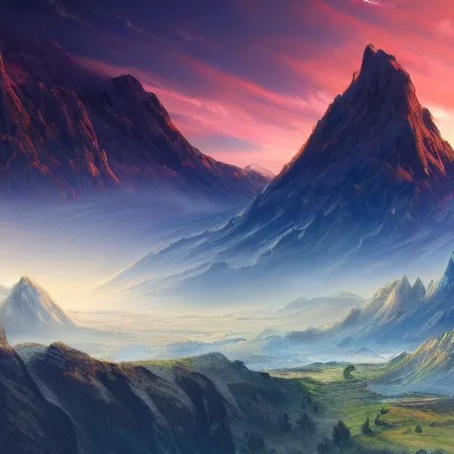 Image similar to The ethereal landscape with mountains in the background, Sci-Fi fantasy desktop wallpaper, painted, 4k, high detail, sharp focus
