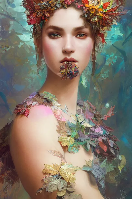 Prompt: a beautiful girl in intricate detailed color oilpaint, 3 d render, hyper realistic detailed portrait, flocking color leaves, ornate leaves headpiece, elegant, intense colors, ruan jia, wlop. scifi, fantasy, hyper detailed, octane render, concept art, by peter mohrbacher, by alphonse mucha, by wlop, by ruan jia