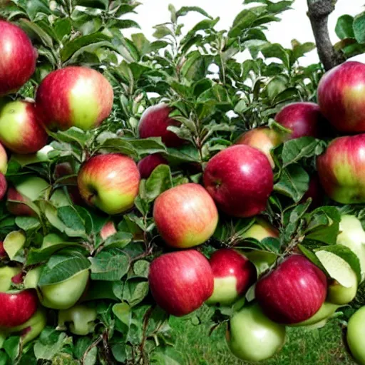 Prompt: a group of apples eating people that grow on trees