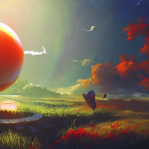 Image similar to the solarpunk phoenix, optimistic, red bird, ornate egg, regeneration, landscape, epic composition, volumetric light, bokeh, painting by ilya kuvshinov and by makoto shinkai