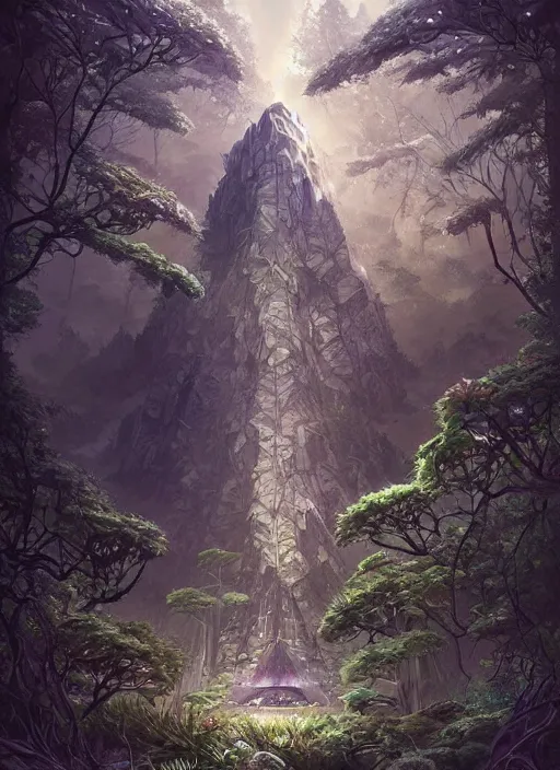 Prompt: an ancient obsidian cubic tower rising from a dense forest landscape, fantasy digital painting, stunning intricate details, artwork by ross tran, artgerm